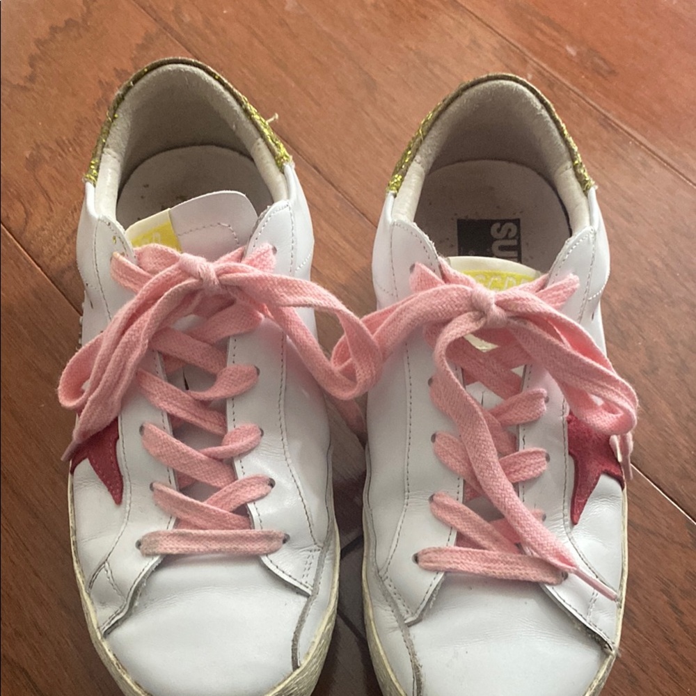 White and Pink Textured Leather Sneakers with Perforated Design